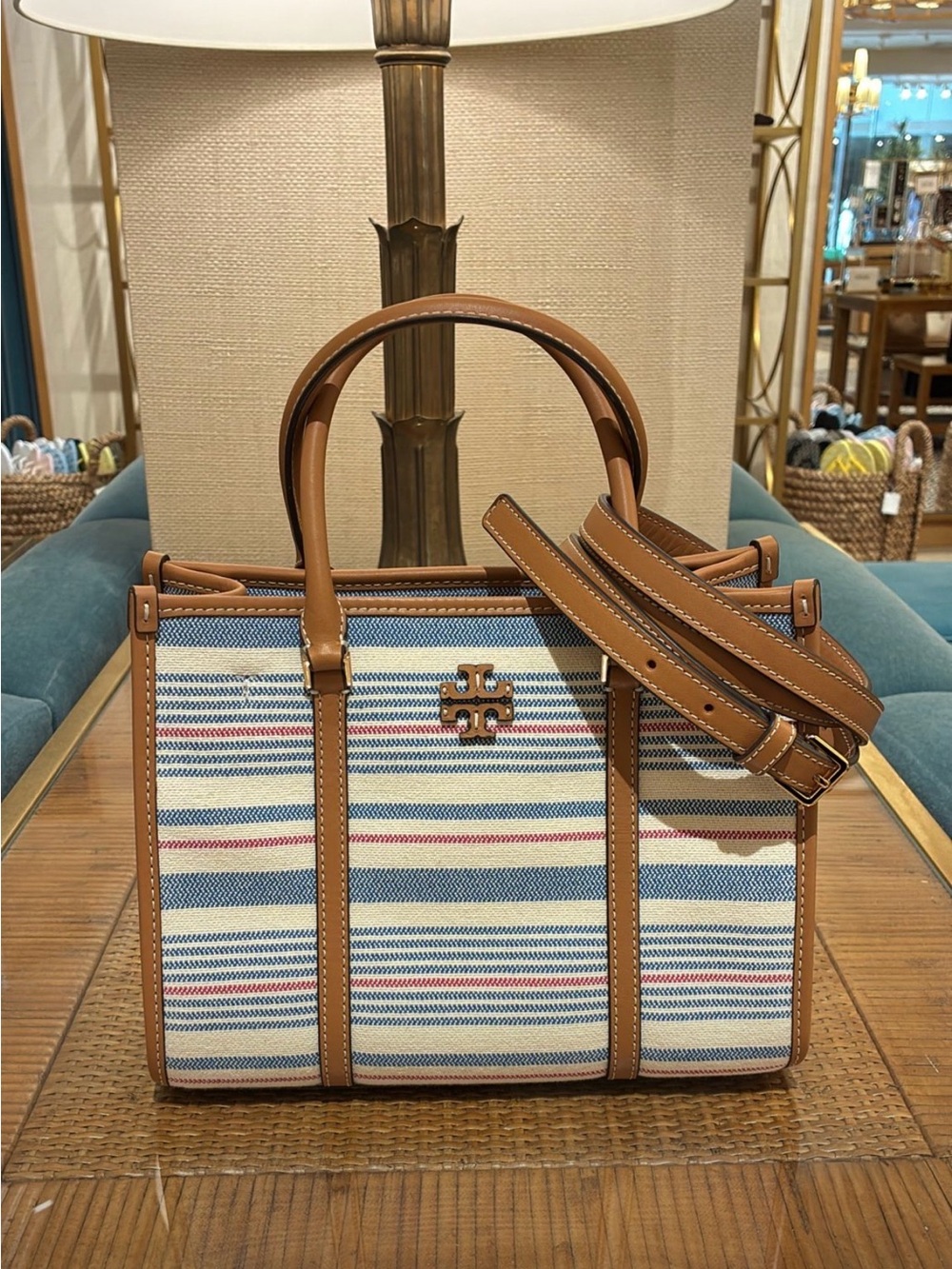 Tory Burch Blue, White & Tan Striped Canvas Satchel